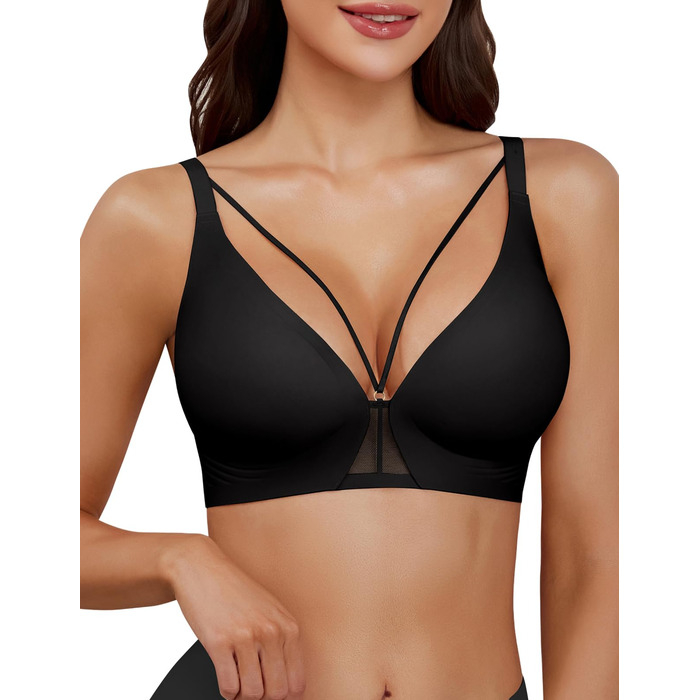 Чорний бюстгальтер без кісточок Push Up, безшовний, для сну, V-подібний виріз, класичний, M