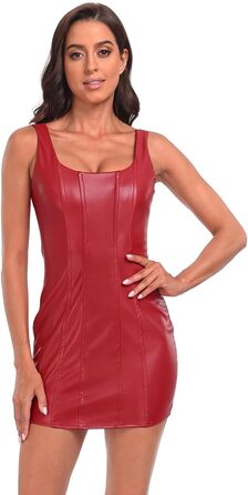 Міні-сукня з екошкіри з квадратним вирізом, червона, для вечірок та клубів (L)