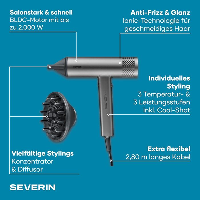 Іонний фен для волосся Severin S-Style Speed Pro HT 0171, 2000 Вт, BLDC-мотор, з дифузором та концентратором, антрацит