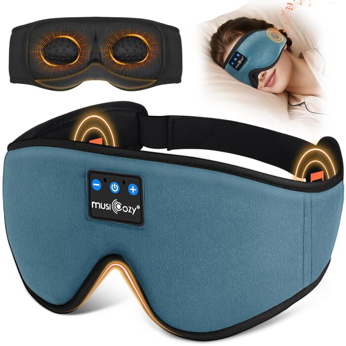 Маска для сну з Bluetooth-навушниками MUSICOZY, 3D маска для сну з повним затемненням, м'які бездротові навушники для сну (Bluetooth 5.4, 16 год роботи), для подорожей, йоги та медитації, синя