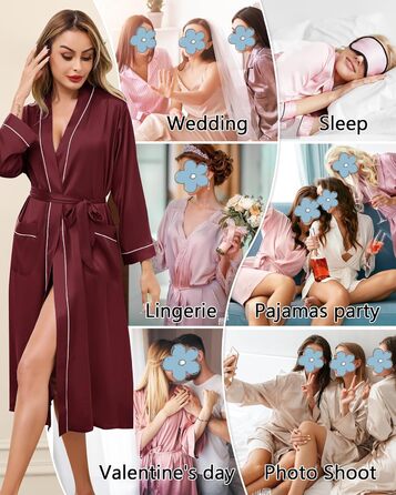 Жіночий атласний халат довгий, баня халат, кімоно, легкий, весільний, м'який, для вечірки, нічна сорочка, V-подібний виріз, S-X (XL, пурпурно-червоний)