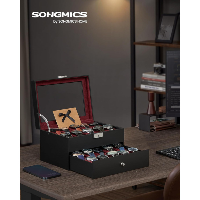 Бокс для годинників SONGMICS з замком та скляною кришкою, органайзер на 20 поділок, шкіряний PU-корпус (чорний, сіра оксамитна підкладка) JWB024
