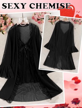 Жіночий комплект білизни AIEOE: мереживний халат-бандаж, нічна сорочка, babydoll, чорний