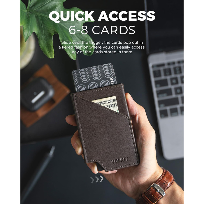 VULKIT Складаний картхолдер з RFID-захистом, тонкий алюмінієвий гаманець для кредитних карток, купюр та монет, темно-коричневий