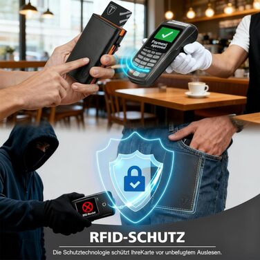 Тонкий чоловічий гаманець TENBST з RFID-захистом та монетницею, шкіряний картхолдер на 10 карток, Slim Wallet — Чорний та Помаранчевий