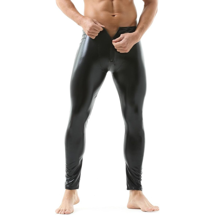 Чоловічі штани-легінси з екошкіри QiaTi, чорні, на блискавці, облягаючі