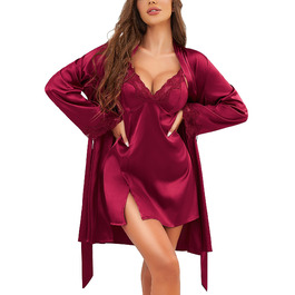 RSLOVE Комплект жіночого шовкового нічного одягу з мереживом - Сексуальна піжама, нігть, халат (L, Бордовий)