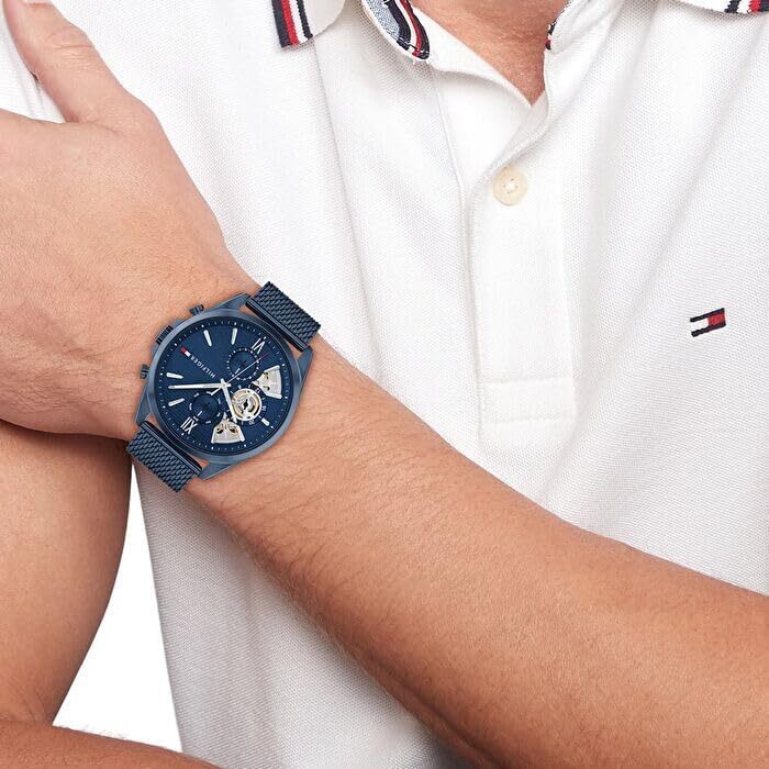 Чоловічий кварцовий годинник Tommy Hilfiger з багатофункціональним циферблатом, сталевим браслетом та шкіряним ремінцем (Blue, Mesh)