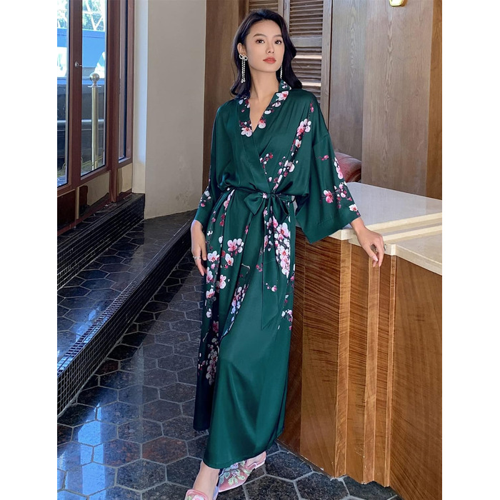 Жіночий халат з довгим рукавом з шовку та атласу з квітковим принтом (сливові квіти, темно-зелений)