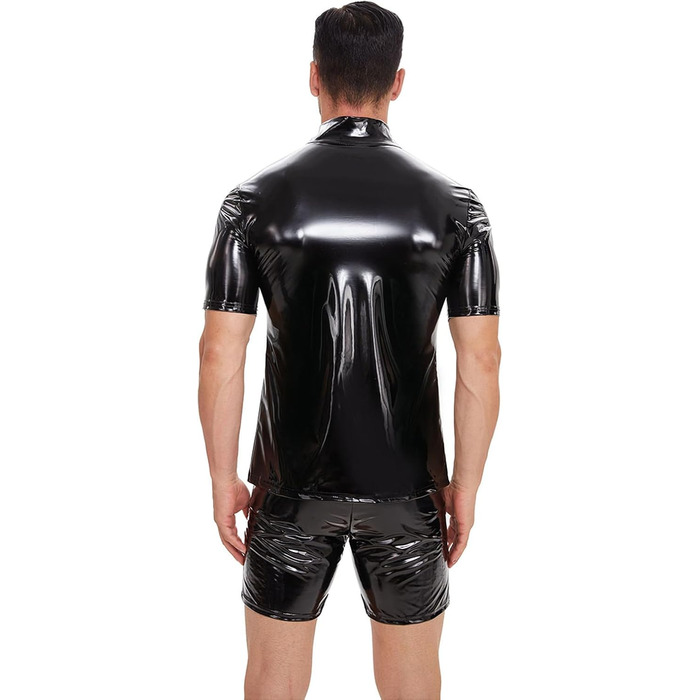 Чоловічі сорочки з екошкіри SDGHH-8MMDM: класичні, блискучі, з ефектом мокрого блиску, м'юслі фіт, короткий рукав, на блискавці, чорні, 3XL