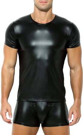 Чоловіча латексна футболка чорного кольору з ефектом шкіри. Футболка з короткими рукавами, під сорочку, для клубів, гудівер, скінхед, для відпочинку, літня мускульна майка, лак, шкіра, вініл, чорний колір
