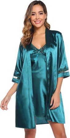 Сексуальний шовковий халат-кімоно Sykooria для жінок, комплект з 2 шт. (халат та нічне сорочка), V-подібний виріз, з поясом, для свята, білий/темно-зелений, XXL