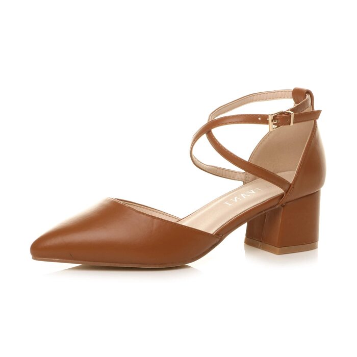 Жіночі туфлі Мері Джейн на середньому стійкому каблуці з перехресними ремінцями, світло-коричневі матові, розмір 40 EU