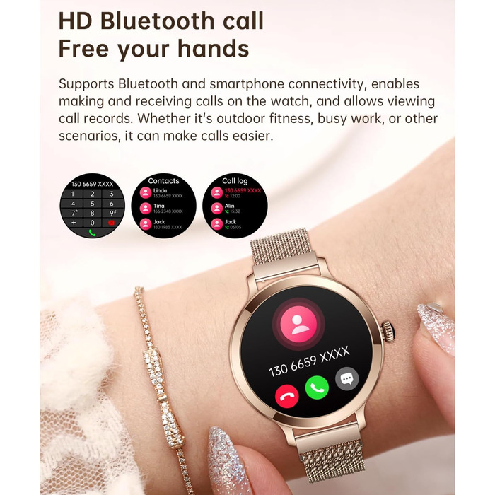 Смарт-годинник для жінок зі сріблястим корпусом: Bluetooth-дзвінки, фітнес-трекер, моніторинг серцебиття, тиску та кисню в крові, водонепроникний, сумісний з iPhone та Android