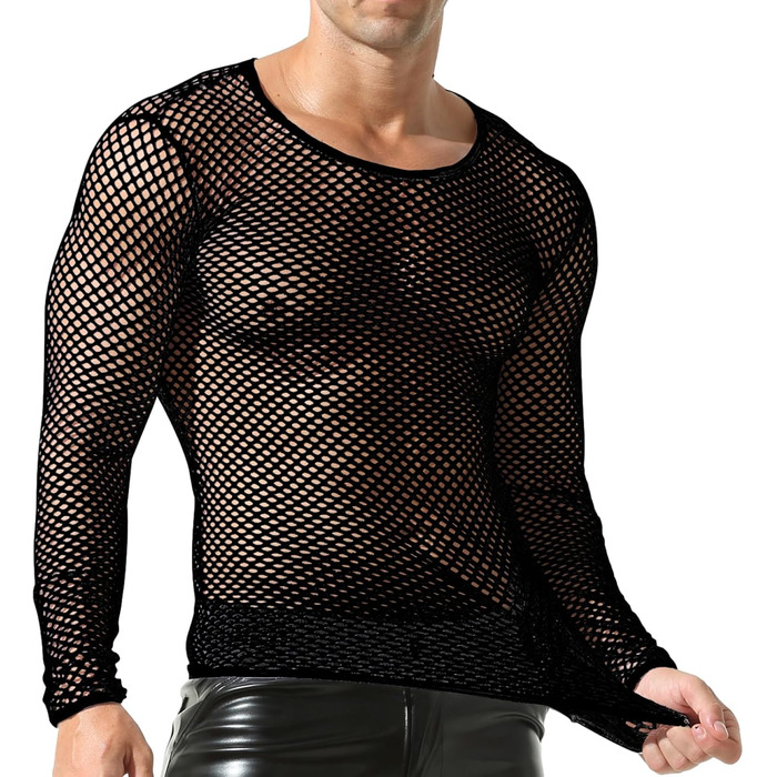 Чоловіча сітчаста футболка QiaTi з довгим рукавом, прозора, мереживна, чорна