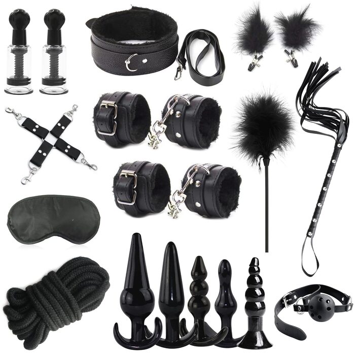 Набір для БДСМ: 26 предметів (наручники, анальні пробки, кільця для пеніса, чікер, кліпси для сосків, маска для очей, плеть, пристосування для фіксації рота)