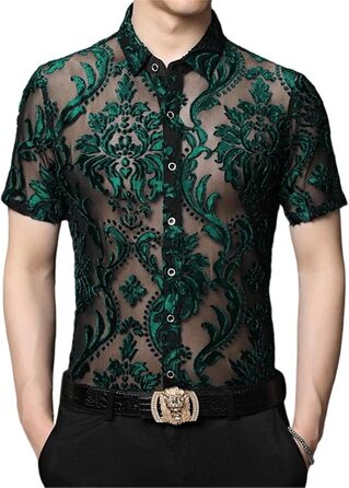 Чоловіча сорочка AWMew, мереживо, сітка, коротка, клубний стиль, з відкритим декором (зелена, XXL)