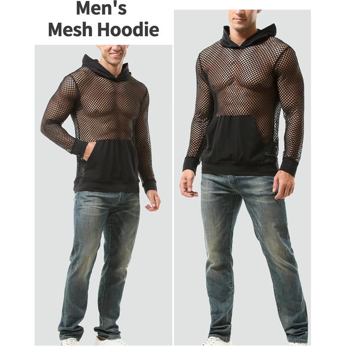 Чоловіча сітчаста сорочка AIEOE: дихаюча, з довгим рукавом, мереживна, сексуальна клубна сорочка, прозора сітчаста сорочка, чорна