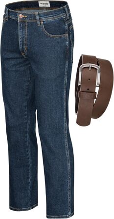 Чоловічі стрейч-джинси Wrangler Texas Regular Fit Authentic Straight, колір Darkstone, з коричневим ременем (46W / 30L)