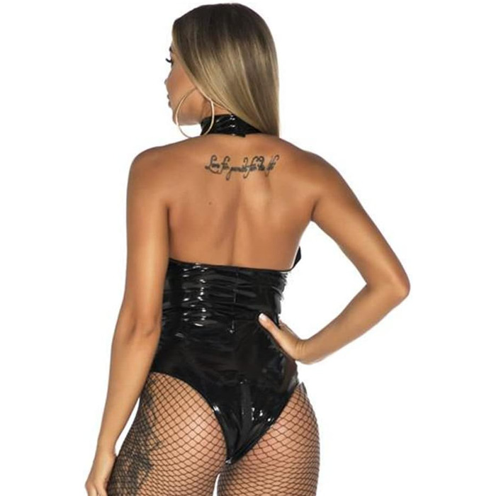 Жіноче шкіряне плаття-комбінезон JasmyGirls: сексуальний латексний боді, облягаючий крій, блискавка, косплей, ролеві ігри (чорний, L-XL)