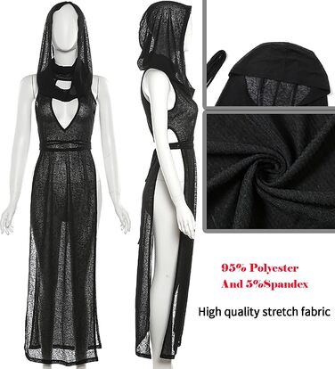 Жіноче прозоре готичне плаття Aucute з капюшоном та без рукавів, чорне, для Хелловіну, фестивалів EDM/Rave
