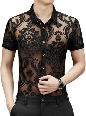 Чоловіча сорочка Yeuyyben чорна прозора з квітковим мереживом, сітка, короткі рукави, розмір XL