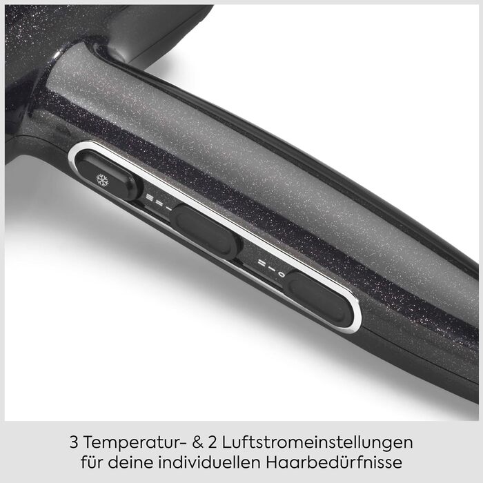 Фен для волосся BaByliss Cosmos D580DE з дифузором, 2100 Вт, іонізація, 3 температурні та 2 швидкості обдуву, сріблястий (Black Sparkle)