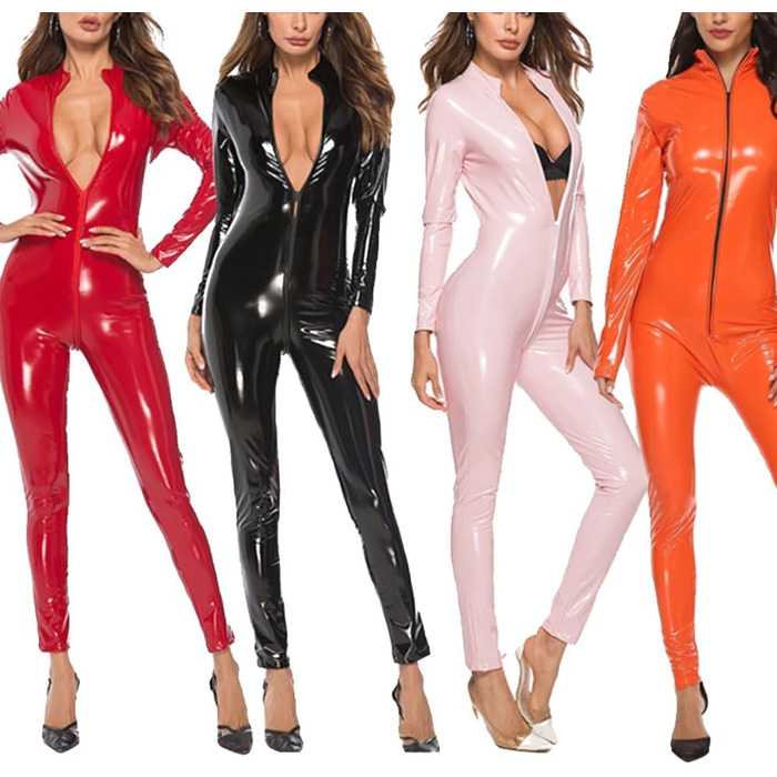 Комбінезон жіночий YZPNBW з еластичної шкіри (wetlook) з блискавкою, облягаючий, червоний, для клубів та вечірок, великий розмір XL