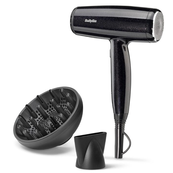 Фен для волосся BaByliss Cosmos D580DE з дифузором, 2100 Вт, іонізація, 3 температурні та 2 швидкості обдуву, сріблястий (Black Sparkle)