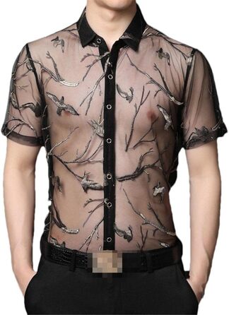 Чоловіча сорочка Deepsko з вишивкою, прозора нижня частина, літня сітка, сексуальний короткий рукав, чорний, XL