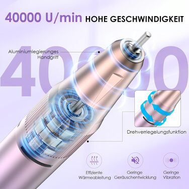 Електричний апарат для манікюру та педикюру HOMEASY Profi 16 в 1, 40000 об/хв, портативний фрезер для гель-нігтів з LCD-дисплеєм, реверсивний, рожево-фіолетовий