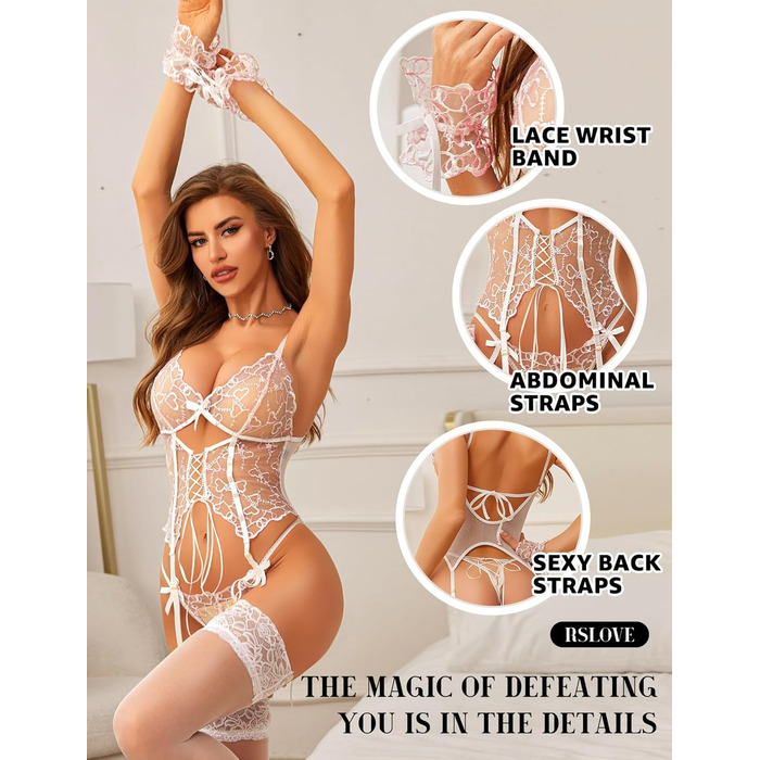 Комплект спідньої білизни RSLOVE для жінок: мереживний комплект Babydoll - сексуальний 4-частинний комплект з стрінг-стрічкою, нічна сорочка, багатокольоровий, серцевий дизайн, білий
