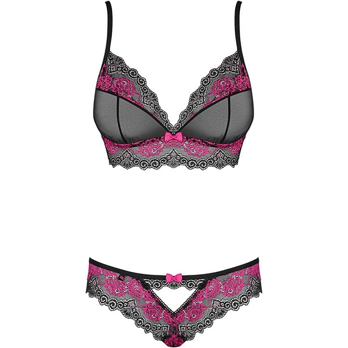 Сексуальний жіночий комплект спідньої білизни Obsessive з бюстгальтером, поясом-гюртом та стрінгами, у подарунковій коробці, чорний/рожевий, L-XL