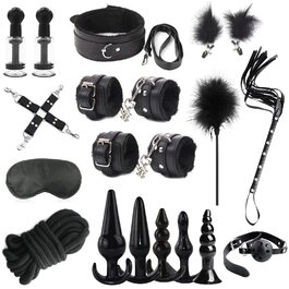 Набір для БДСМ: 26 предметів (наручники, анальні пробки, кільця для пеніса, чікер, кліпси для сосків, маска для очей, плеть, пристосування для фіксації рота)
