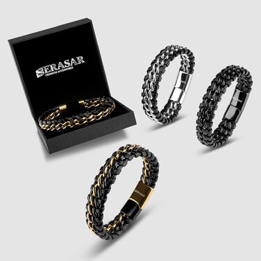 Шкіряний чоловічий браслет SERASAR Premium зі сталевим магнітним замком (Gold/Schwarz), 20 см, у подарунковій коробці