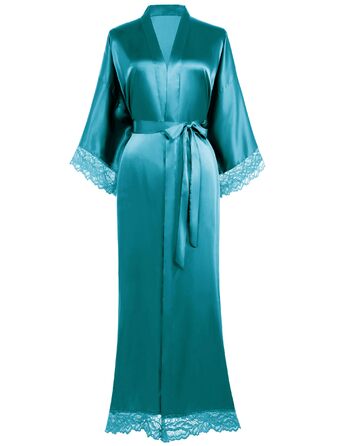 Халат жіночий довгий/короткий однотонний мереживний, шовковий сатин, кімоно, для дому, літній, BABEYOND, універсальний розмір (єдиний розмір, блакитний павич)