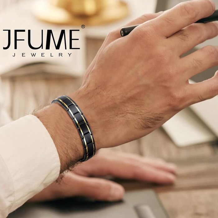 Чоловічий сталевий браслет JFUME, регульований (21,5 см), колір чорний з золотом — стильний подарунок та прикраса для чоловіків
