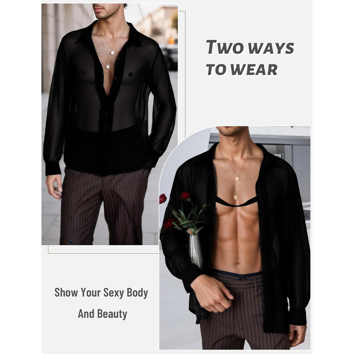 Чоловіча прозора сорочка AIEOE, тонке сексуальне т-образне поло з довгим рукавом, для дискотеки та клубів, чорний, розмір S-3XL