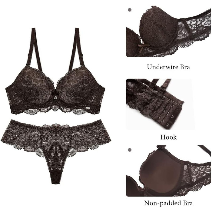 SHEKINI Комплект нижньої білизни для жінок: мереживний бюстгальтер та труси, знятні бретелі, пуш-ап, кісточка, сексуальна спідня білизна, стрінги, танга, колір коричневий, розмір 75B