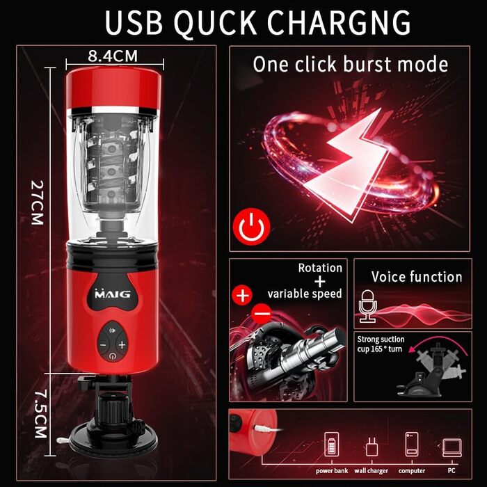 Електричний мастурбатор для чоловіків з ротаційним механізмом та 10 режимами вібрації, телескопічний, реалістичний, червоний