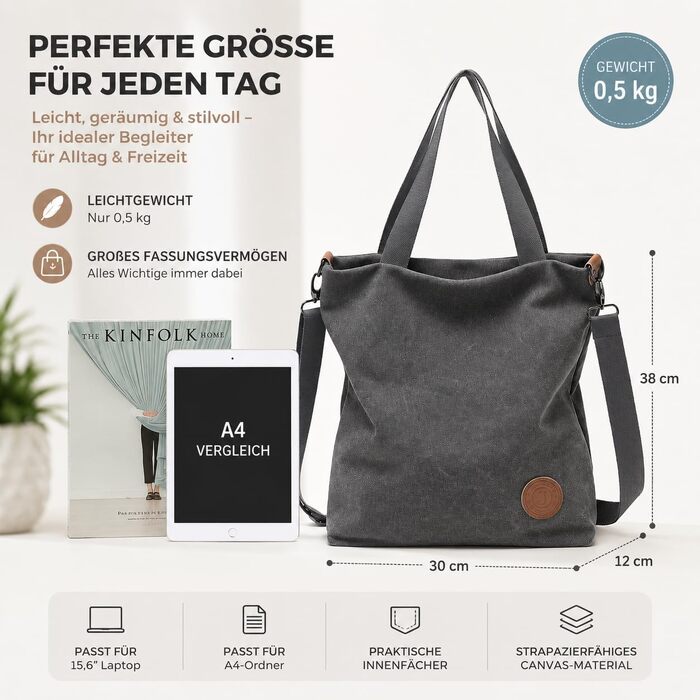 Жіноча сумка-шопер JANSBEN з канвасу, велика сумка через плече з багатофункціональними кишенями, чорна