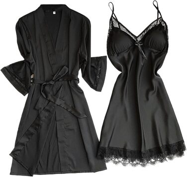 Чорний жіночий піжамний комплект MILAX: нічна сорочка-бабідол, халат, кімоно, мереживо, квіти, V-подібний виріз