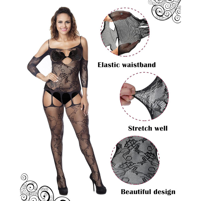 Сексуальний боді-бабідол з мереживом SATINIOR для жінок, чорний, розмір M