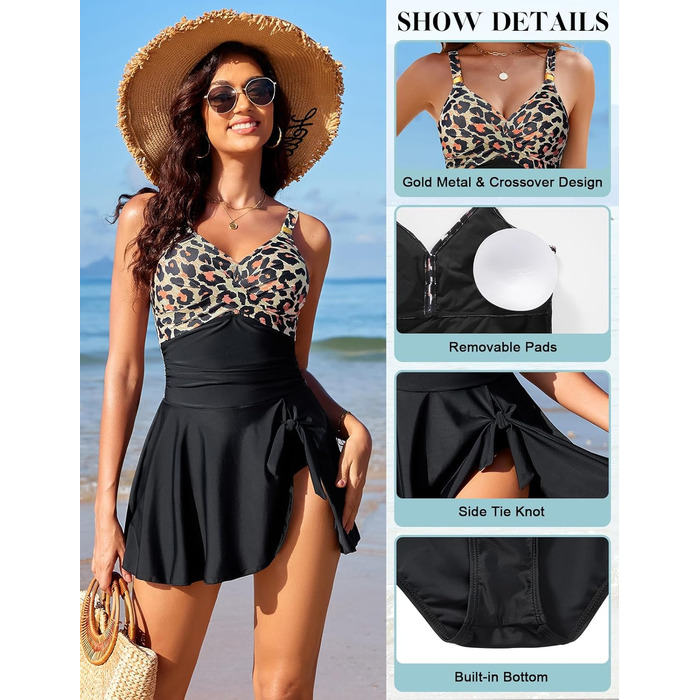 Купальник жіночий Badeanzug Damen з V-подібним вирізом, push-up, чорний леопардовий принт, розмір M