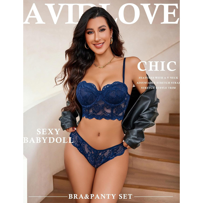 Avidlove Комплект спідньої білизни для жінок: бюстгальтер з кісточками, мереживна пікантна білизна, babydoll, нічна сукня, чорний (M, блакитний)