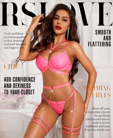 Комплект нижньої білизни RLOVE для жінок: бюстгальтер, труси, мереживо, 6 предметів, чорний (L, флуоресцентний рожевий)