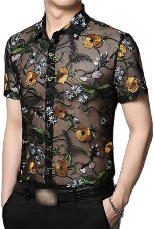 Чоловіча сорочка Yeuyyben з квітковою вишивкою, прозора, літня, з короткими рукавами, для вечірок, клубів, випускних, чорна