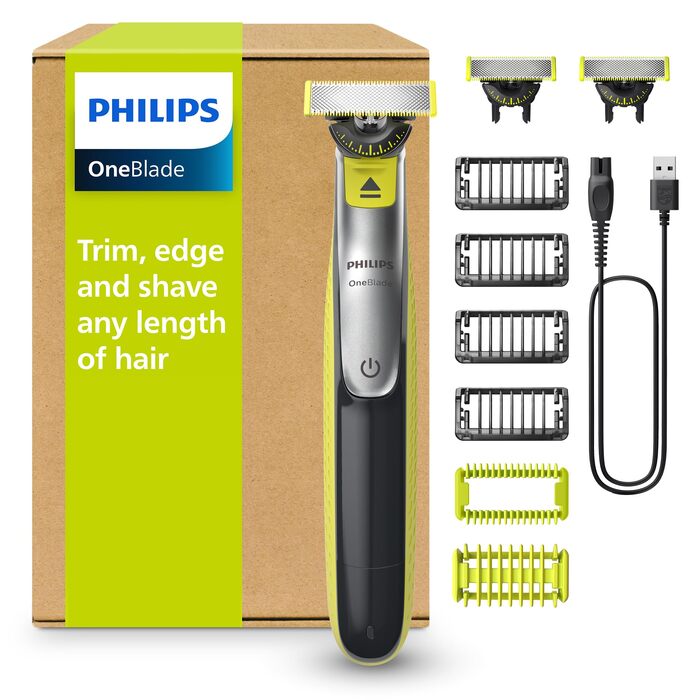 Електричний тример та бритва PHILIPS OneBlade 360 Face & Body QP2834/31 для обличчя та тіла, 3 леза 360, 4 насадки для стрижки (1-5 мм), 2 насадки для тіла, вологоелементне та сухе гоління
