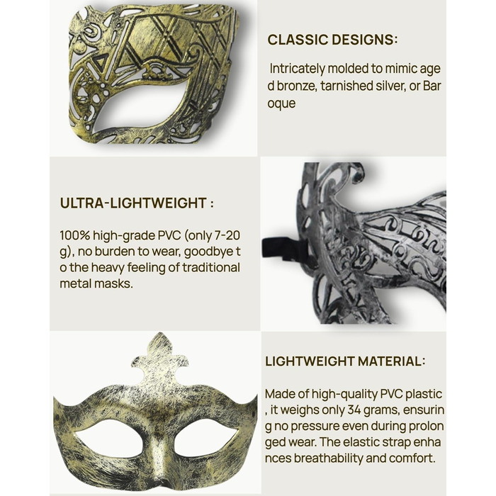 Маска для чоловіків у венеціанському стилі Vintage, ідеальна для вечірок, Хелловіну, балів та карнавалів