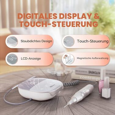 Професійний електричний апарат для манікюру та педикюру JCMaster TouchPro+ 35000 об/хв, набір для нарощування гелевих та акрилових нігтів з 4 фрезами та сенсорним керуванням